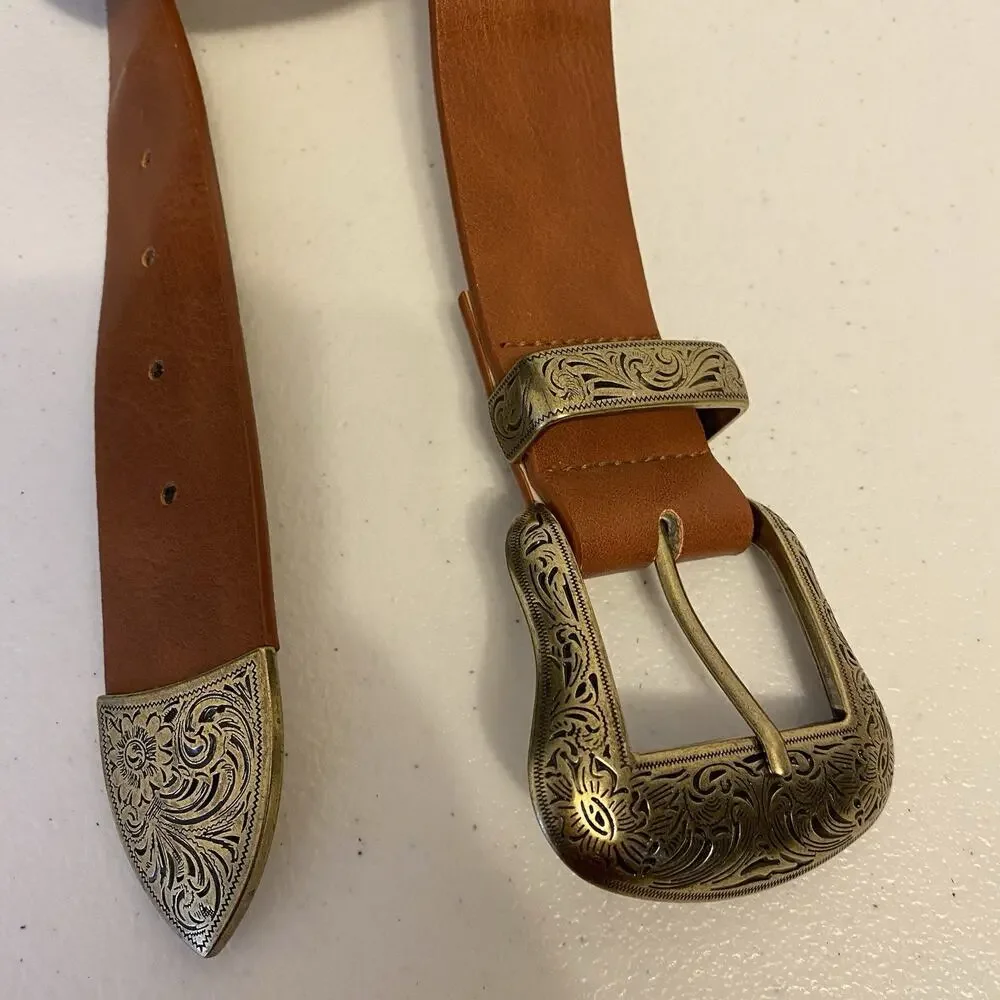 Faux Leather Belt 49”Brown Gold Tone Engraved Buckle Y2K Steampunk